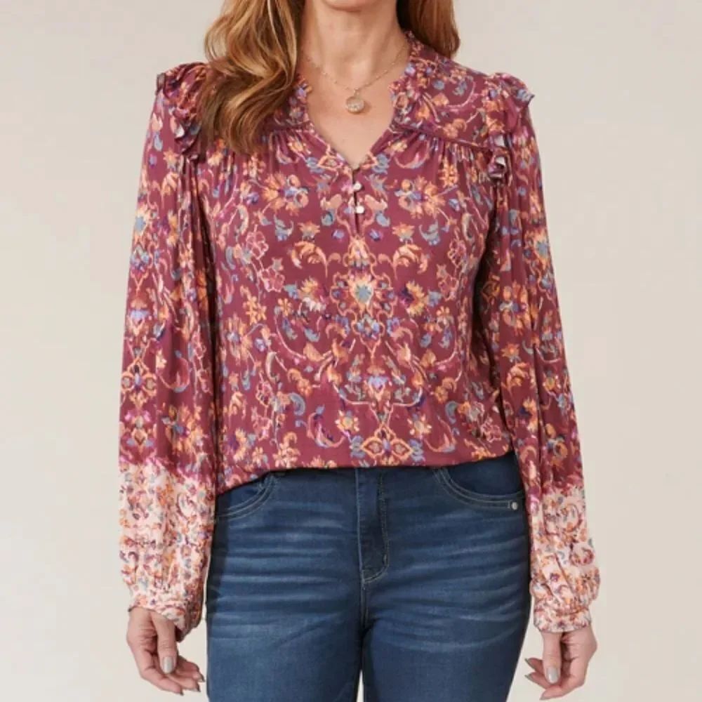 Democracy Floral Blouson Long Sleeve Ruffle Shoulder Vneck Top NEW